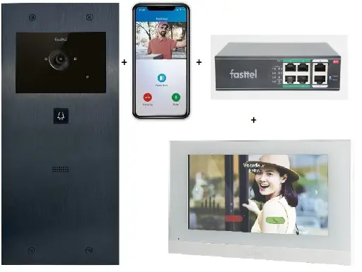 [FT600VK-L] Videokit Plug & Play: Intercom 1 button, both flush and surface mount 349x154mm + Monitor 7" wifi + 4xApp licences + PoE switch