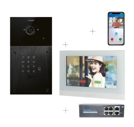[FT600VKK] Videokit Plug & Play: Intercom 1 button+keypad, both flush and surface mount 216x116mm + Monitor 7" wifi + 4xApp licences + PoE switch