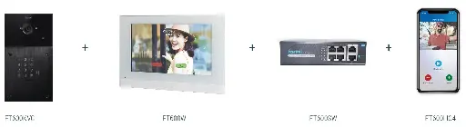 [FT600VKK] Videokit Plug & Play: Intercom 1 button+keypad, both flush and surface mount 216x116mm + Monitor 7" wifi + 4xApp licences + PoE switch
