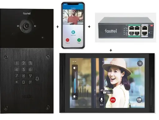 [FT600VKK-10] Videokit Plug & Play: Intercom 1 button+keypad, both flush and surface mount 216x116mm + Monitor 10" Android wifi + 4xApp licences + PoE switch