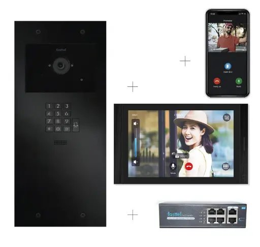 [FT600VKK-10-L] Kit Vidéo Plug & Play: Portier 1 bouton +clavier d'accès, à la fois encastré et en saillie 349x154mm + Moniteur 10" Android wifi + 4xApp licences + PoE switch