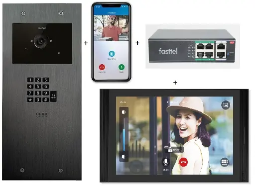 [FT600VKK-10-L] Videokit Plug & Play: Intercom 1 button+keypad, both flush and surface mount 349x154mm + Monitor 10" Android wifi + 4xApp licences + PoE switch