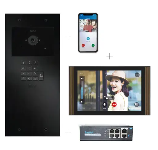 FT600VKK-10-L | Videokit Plug & Play: Intercom 1 button+keypad, both flush and surface mount 349x154mm + Monitor 10" Android wifi + 4xApp licences + PoE switch