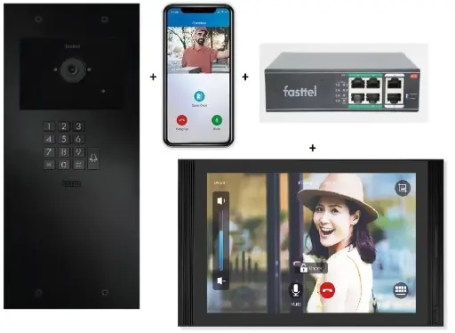 FT600VKK-10-L | Videokit Plug & Play: Intercom 1 button+keypad, both flush and surface mount 349x154mm + Monitor 10" Android wifi + 4xApp licences + PoE switch