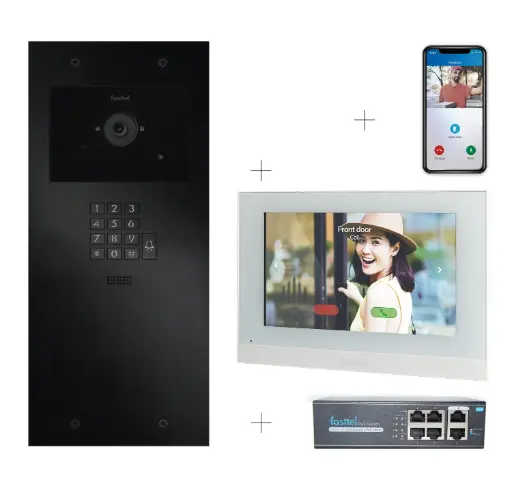 [FT600VKK-L] Videokit Plug & Play: Buitenpost 1 knop+ codeklavier, zowel in-als opbouw 349x154mm + Monitor 7" wifi + 4xApp licentie + PoE switch