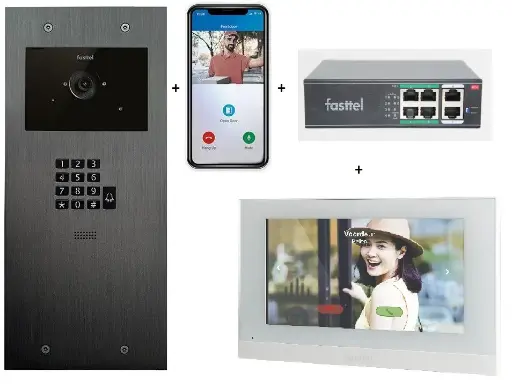 [FT600VKK-L] Videokit Plug & Play: Intercom 1 button+keypad, both flush and surface mount 349x154mm + Monitor 7" wifi + 4xApp licences + PoE switch