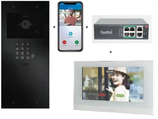 FT600VKK-L | Videokit Plug & Play: Buitenpost 1 knop+ codeklavier, zowel in-als opbouw 349x154mm + Monitor 7" wifi + 4xApp licentie + PoE switch