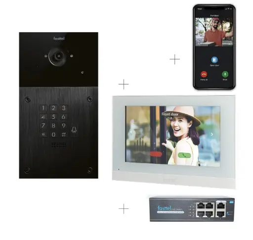[FT600VKK-2W] 2-draads videokit Plug & Play: Buitenpost 1 knop+ codeklavier, zowel in- als opbouw 216x116mm + Monitor 7" wifi + 4xApp licentie + PoE switch