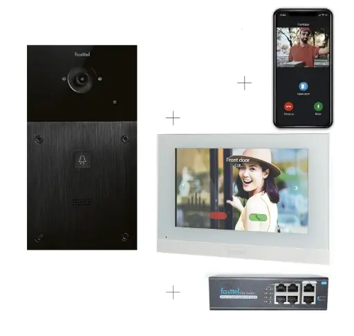 [FT600VK-2W] 2-draads videokit Plug & Play: Buitenpost 1 knop zowel in-als opbouw 216x116mm + Monitor 7" wifi + 4xApp licentie + PoE switch