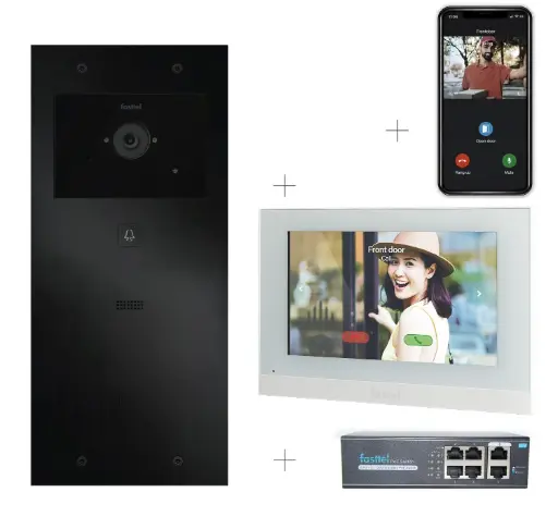 [FT600VK-L-2W] 2-draads Videokit Plug & Play: Buitenpost 1 knop zowel in-als opbouw 349x154mm + Monitor 7" wifi + 4xApp licentie + PoE switch 