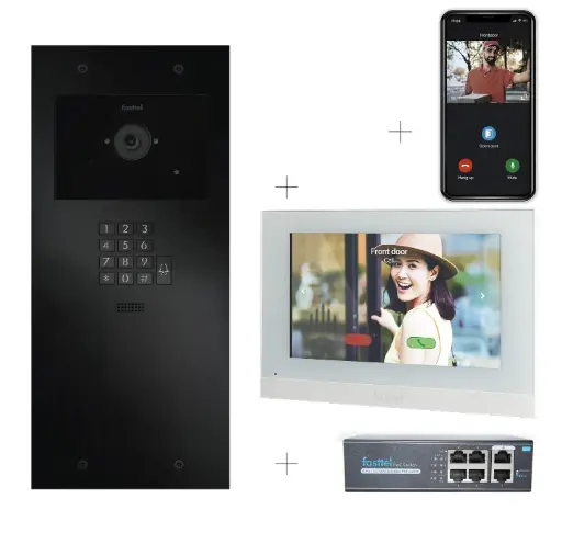 [FT600VKK-L-2W] 2-draads videokit Plug & Play: Buitenpost 1 knop+ codeklavier, zowel in- als opbouw 349x154mm + Monitor 7" wifi + 4xApp licentie + PoE switch